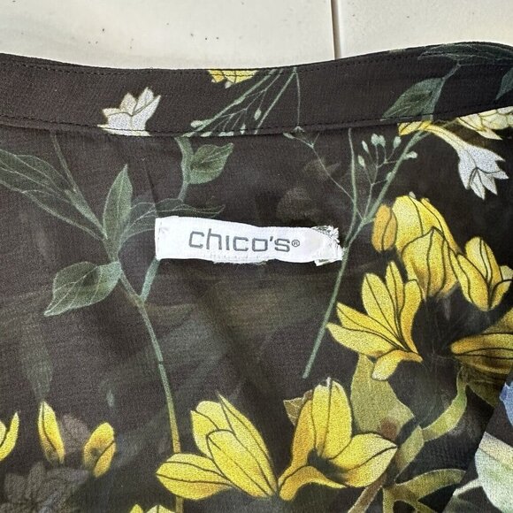 Chicos Chiffon Floral Ruffle Sleeve Sheer Blouse Size XL Black Boho - Picture 5 of 11